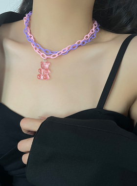 小众设计感双层粉色小熊个性项链