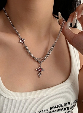 嘻哈风红色十字架个性项链男女