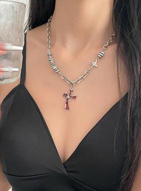 中性风红色十字架ins嘻哈项链女