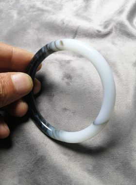 新疆和田玉青花籽料手镯羊脂白色玉圆条飘花色玉手镯 女款玉手镯