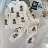 Мультяшная утепленная комфортная мягкая пижама подходит для мужчин и женщин для девочек, осенний демисезонный комплект, с медвежатами