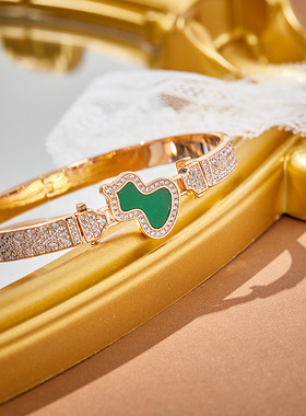 手镯国风白贝葫芦S925银镀18K香槟金卡扣设计复古质感宴会女士