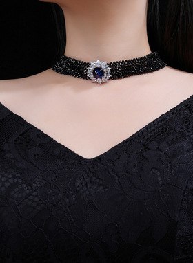 项链女款黑尖晶编S925纯银