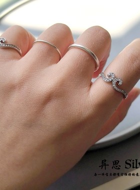 异思 S925纯银紧箍咒悟空微镶钻戒指闭口 食指小指尾戒时尚银饰