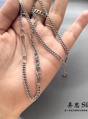 韩国S925纯银坦克链拼接回形针项链 质感个性毛衣链 复古做旧甜酷