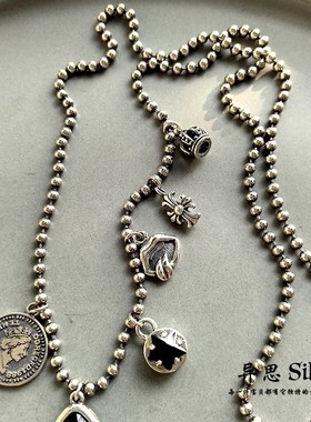 韩国 S925纯银女王人头像黑钻五角星项链 50cm圆珠 小众潮酷21.8g