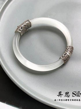 民族风 S925纯银白色猫眼石手镯 复古时尚礼物 泰银妈妈镯子 特价