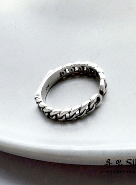 S925通体纯银1314数字坦克链食指中指开口戒 极简大气 复古百搭