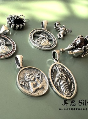 韩国东大门S925纯银精品吊坠 小天使人头像圆牌毛衣坠 复古风小众