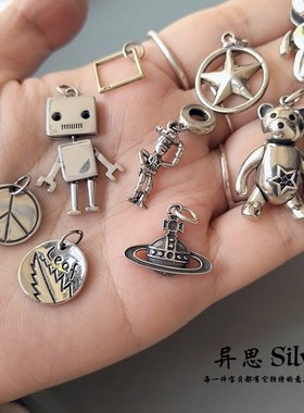 韩国东大门925纯银立体小熊机器人土星吊坠 时尚小众复古个性银饰
