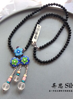 手工玛瑙项链s925纯银彩釉花朵