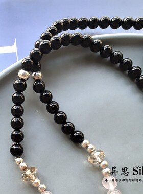 原创设计黑玛瑙灰玉髓元宝鱼儿长项链 925纯银手工毛衣链高档大气