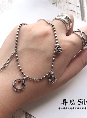 韩国东大门 S925纯银毛线球笑脸短链 复古圆珠项链 休闲个性