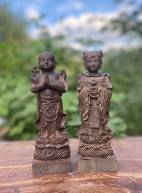 越南沉香木金童玉女一对尺寸约20×7工艺品摆件实木家居木质雕刻