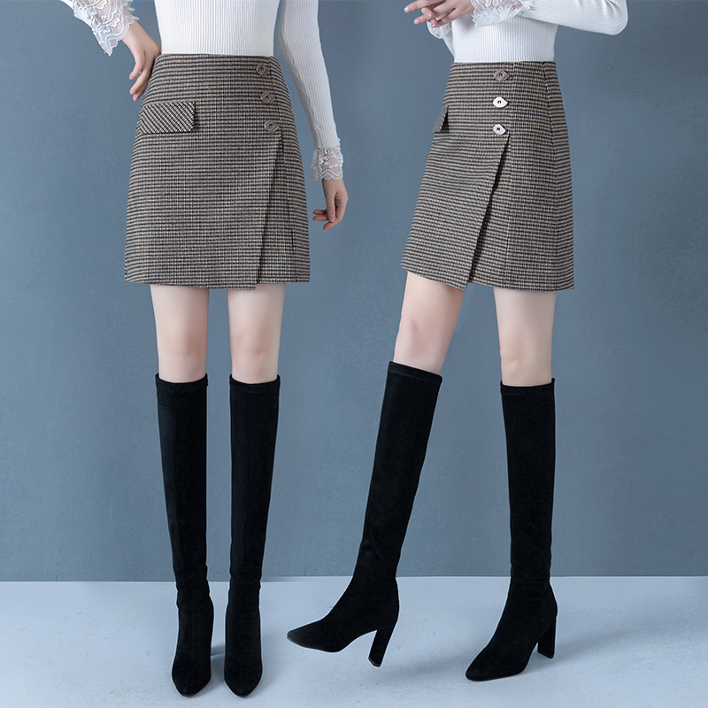 卡貂尼旗舰店格子半身裙女毛呢短裙a字裙秋冬新款包臀裙高腰一步呢子裙子2