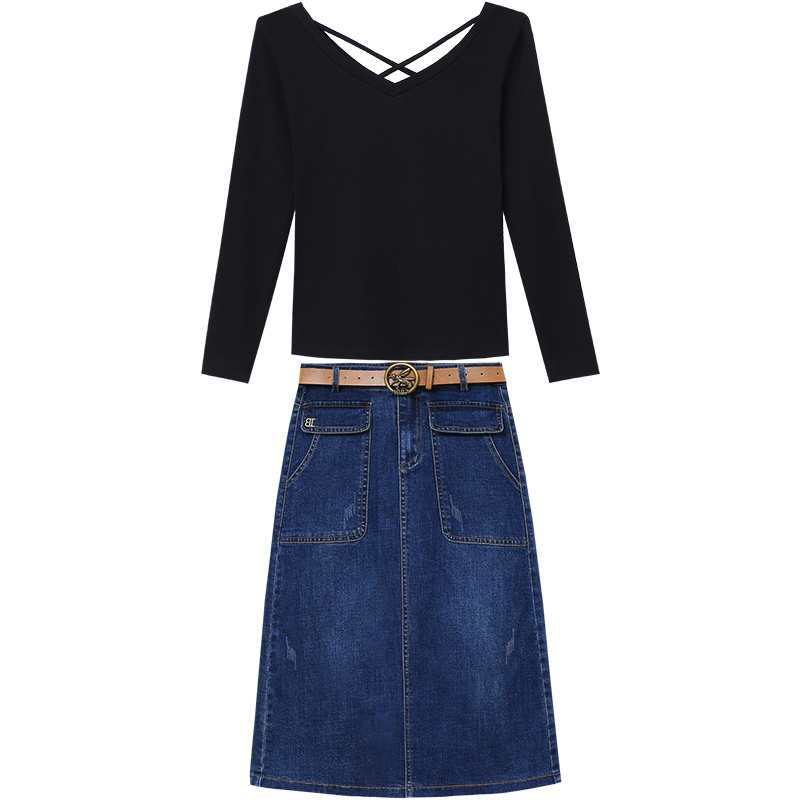 卡貂尼旗舰店牛仔裙半身裙女春款中长款高腰a字2022年新款春秋深蓝色开叉长裙3