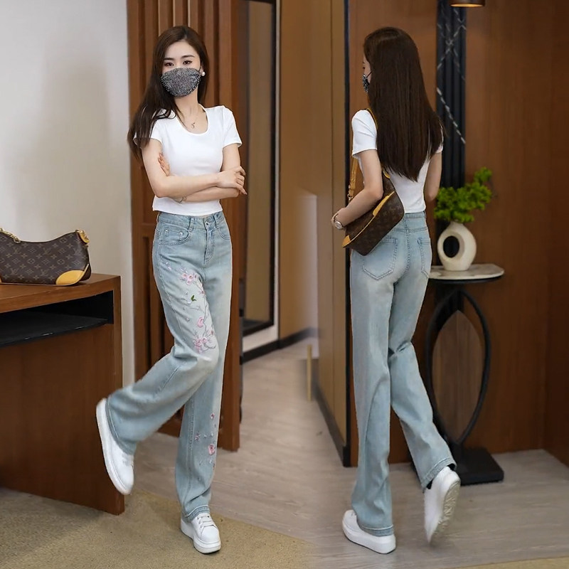 国风浅色牛仔裤女2025年新款高腰窄版直筒裤刺绣夏季薄款阔腿裤子,淘宝优惠券,粉丝福利购,淘宝优惠卷