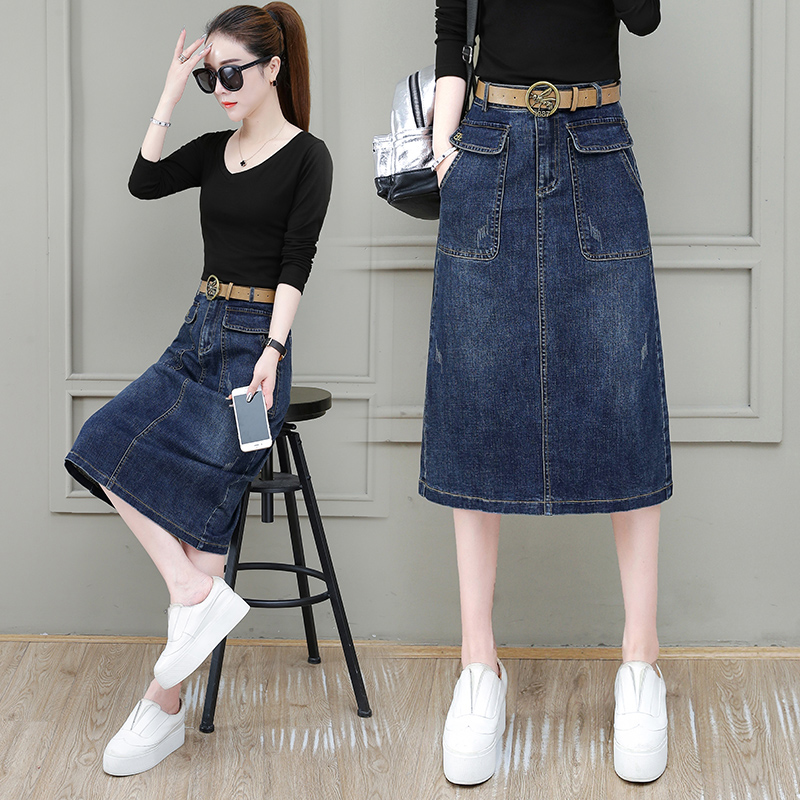 卡貂尼旗舰店牛仔裙半身裙女春款中长款高腰a字2022年新款春秋深蓝色开叉长裙1