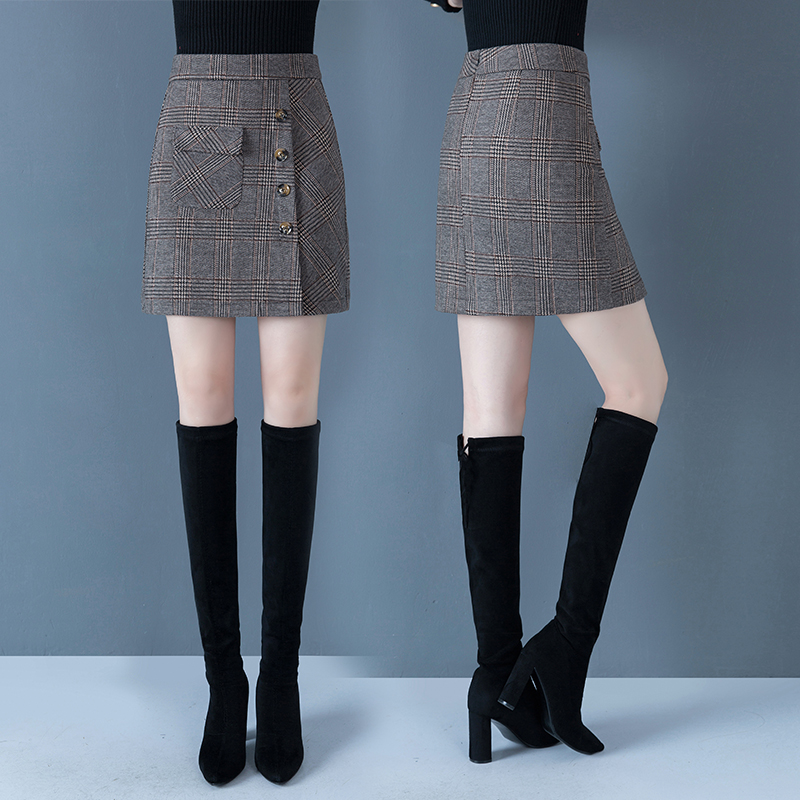 卡貂尼旗舰店格子半身裙女毛呢短裙a字裙秋冬新款包臀裙高腰一步呢子裙子0