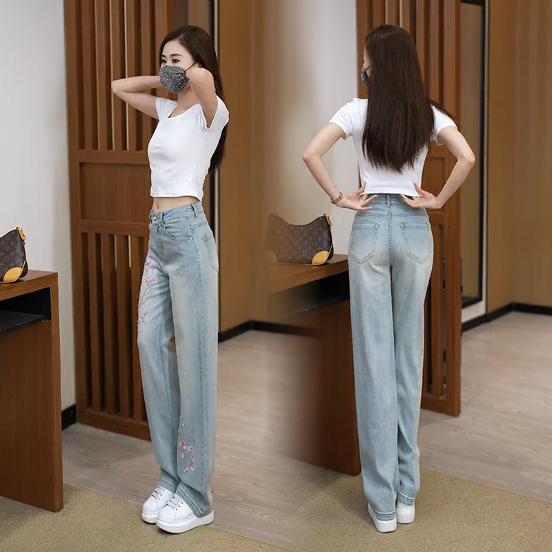 国风浅色牛仔裤女2025年新款高腰窄版直筒裤刺绣夏季薄款阔腿裤子,淘宝优惠券,粉丝福利购,淘宝优惠卷