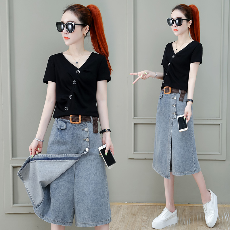 卡貂尼旗舰店牛仔裙半身薄款裙裤女夏七分裤年新款秋季垂感宽松阔腿裤短裤1