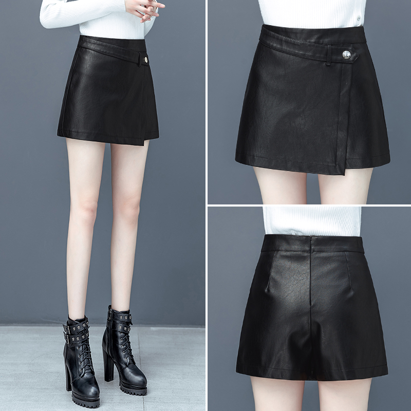 卡貂尼旗舰店皮裙女秋季时尚短裙一片式高腰a字裙裤年新款外穿短款半身裙2