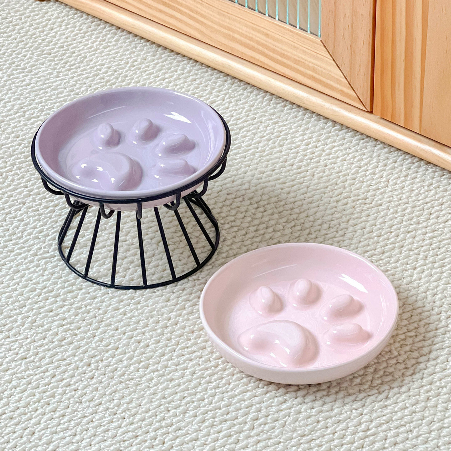 简约风猫爪慢食盘带条纹铁架高脚碗架陶瓷宠物碗猫碗狗碗防噎缓食,淘宝优惠券,粉丝福利购,淘宝优惠卷