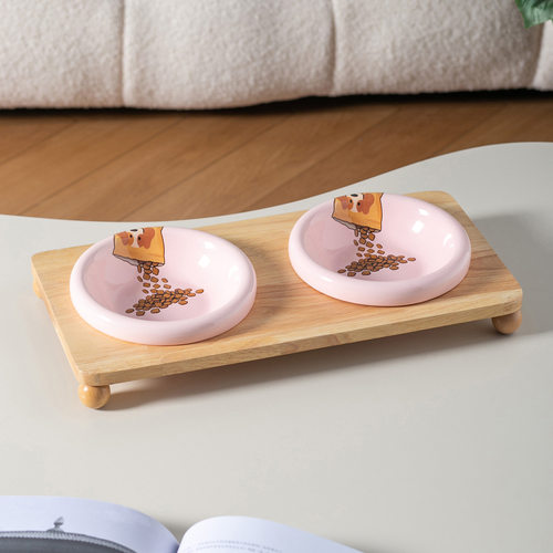 创意卡通倒粮图案PE碗带碗架可爱风陶瓷宠物碗防打翻猫碗狗碗水碗 - 图1