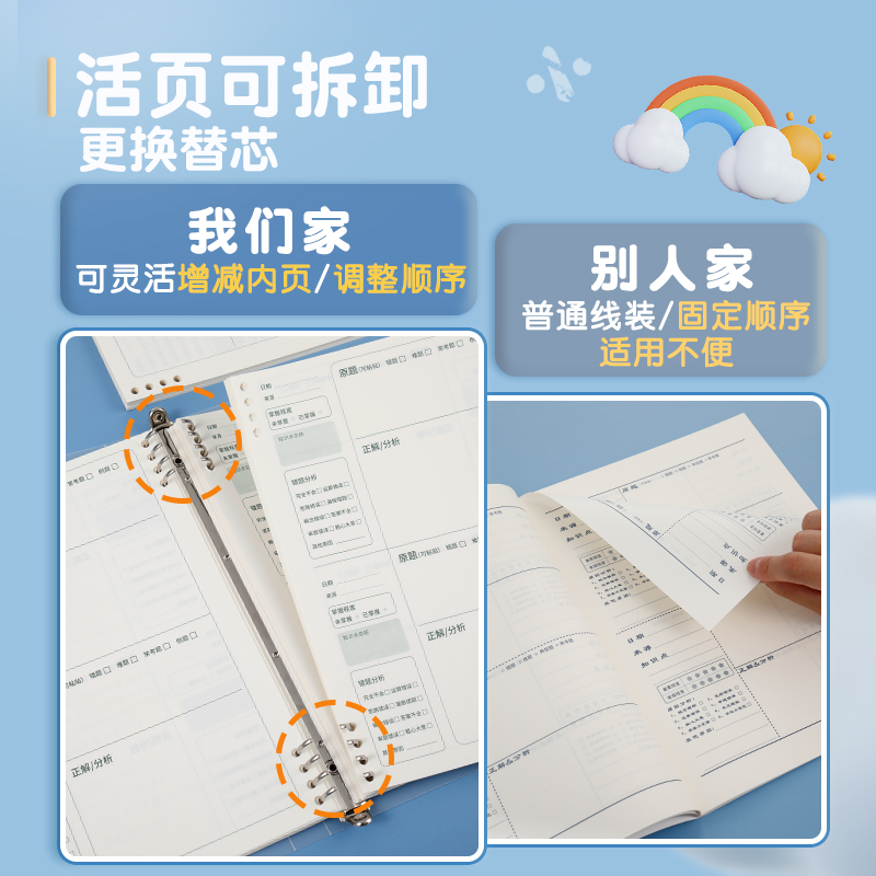 错题本小学生专用一年级数学语文英语活页可拆卸错题集纠错本二三四五六年级整理神器加厚加大学霸改错本b5 - 图0