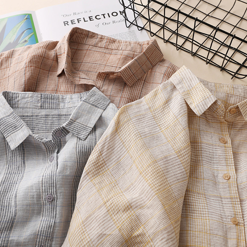 春夏亚麻新款百搭七分袖翻领衬衫 莱琪雅衬衫