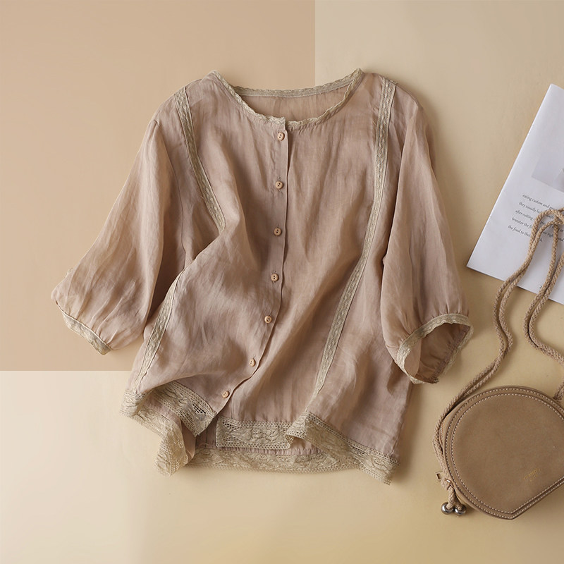 简约圆领苎麻七分袖夏季新款衬衫 莱琪雅衬衫