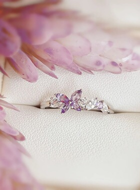 S925纯银排钻紫色蝴蝶食指戒指