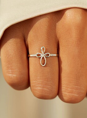 S925纯银十字架三叶草镶钻戒指