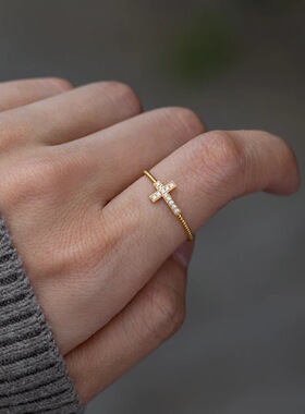 S925纯银微镶锆十字架女戒