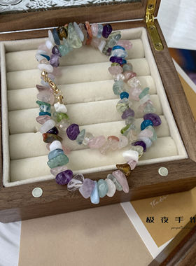 福利天然多宝粉水晶葡萄石海蓝宝碎石欧美夸张项链女彩虹糖锁骨链