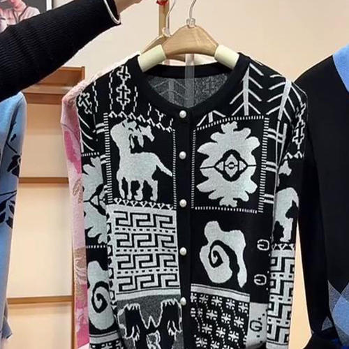 国潮风费尔岛提花针织开衫女长袖大码复古毛衣春季新款动物图案 - 图1