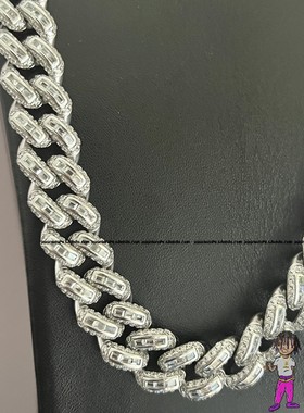 t方拼镶古巴链925银电镀18k白金