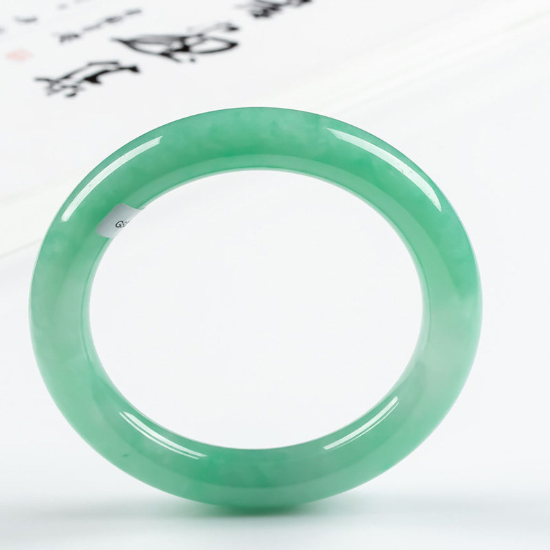 圆条冰糯种满绿色圆形玉镯60mm镯子 翠贵人手饰