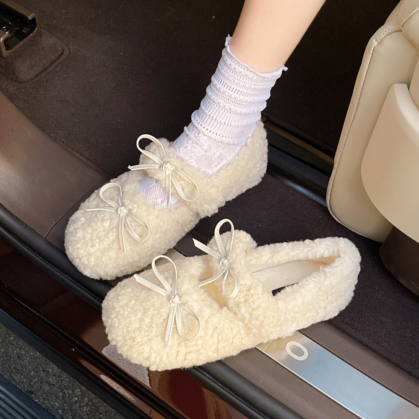 甜美蝴蝶结羊羔毛毛鞋女秋冬外穿2025新款一脚蹬加绒玛丽珍鞋棉鞋,淘宝优惠券,粉丝福利购,淘宝优惠卷