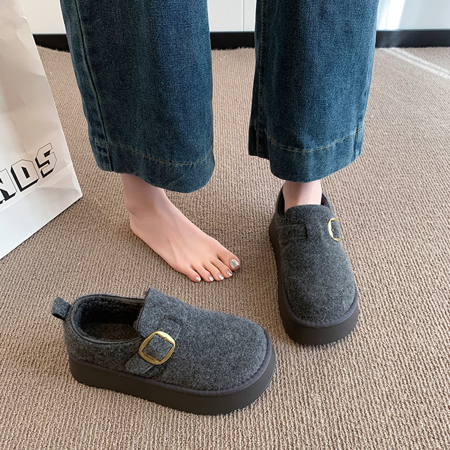 厚底加绒勃肯鞋女鞋子2025新款秋冬复古休闲乐福鞋加绒雪地靴棉鞋,淘宝优惠券,粉丝福利购,淘宝优惠卷