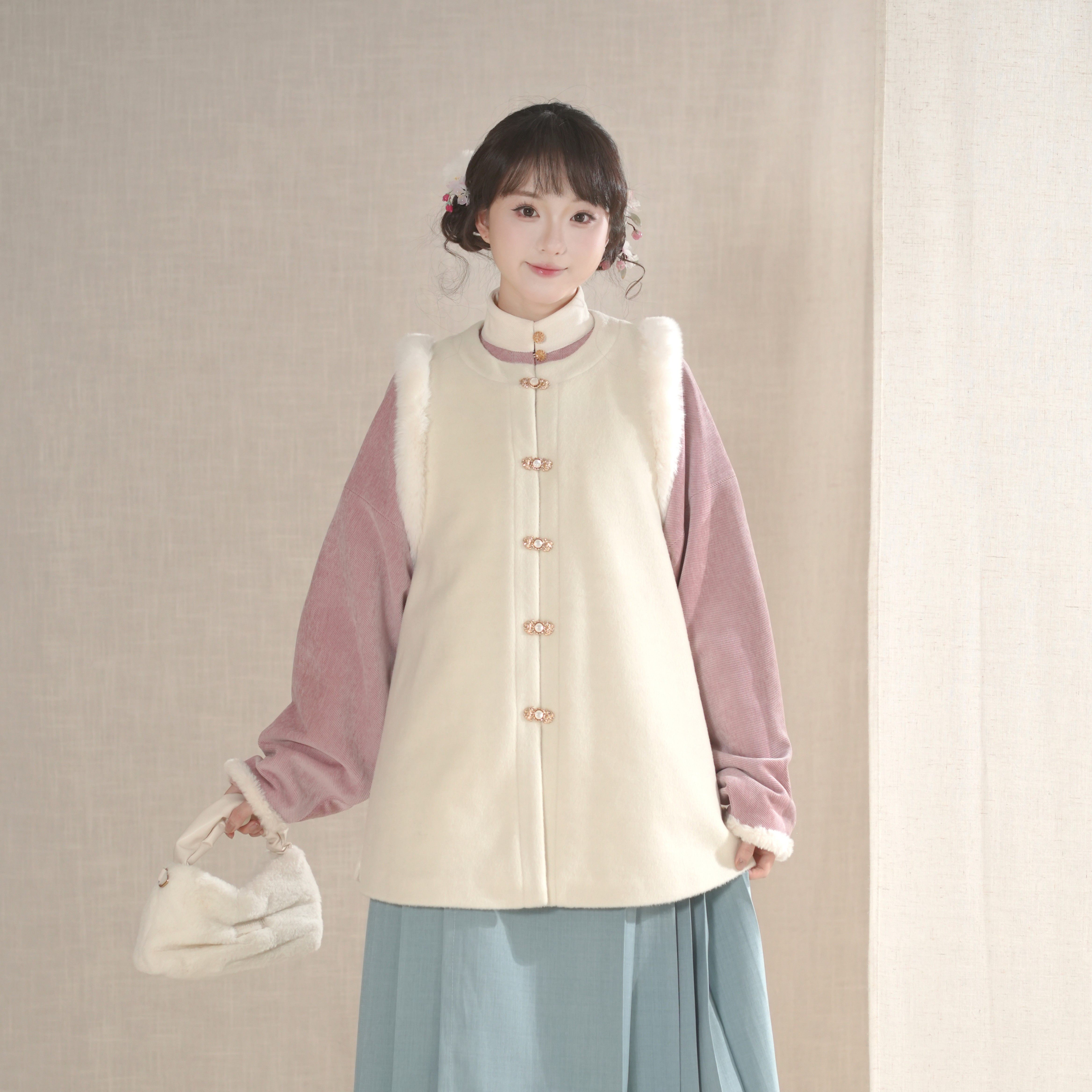 汉墨记奶团团明制圆领比甲加绒加厚日常保暖毛呢百搭冬季汉服女冬,淘宝优惠券,粉丝福利购,淘宝优惠卷