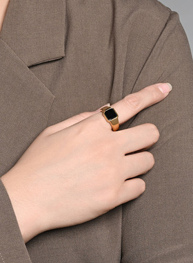 法式冷淡中性风钛钢黑宝石戒指男