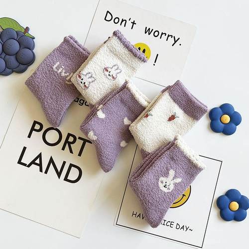 爱嘀嗒儿童袜子秋冬季加厚保暖珊瑚绒卡通可爱小兔男女童中高筒袜 - 图0