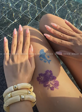 海豚扶桑花闪粉纹身贴小众ins风