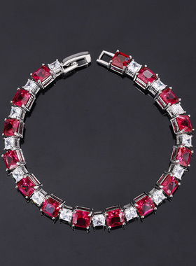 珠宝S925银仿真祖母绿 木佐绿色 红宝精工豪镶手链主石6*6