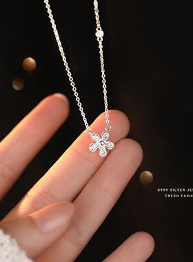 s999足银花朵锆石项链女轻奢小众