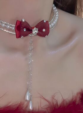 【酒红宣言】蝴蝶珍珠项链女小香风新年轻奢气质锁骨链choker颈链