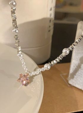 韩系粉锆星星碎银子珍珠项链女轻奢小众高级感锁骨链配饰气质颈链