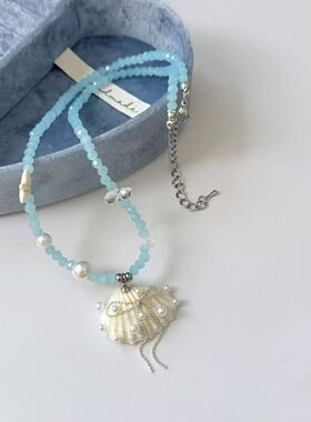 海岸沙滩氛围感彩色串珠锁骨链女手工贝壳项链小众度假风网红颈链