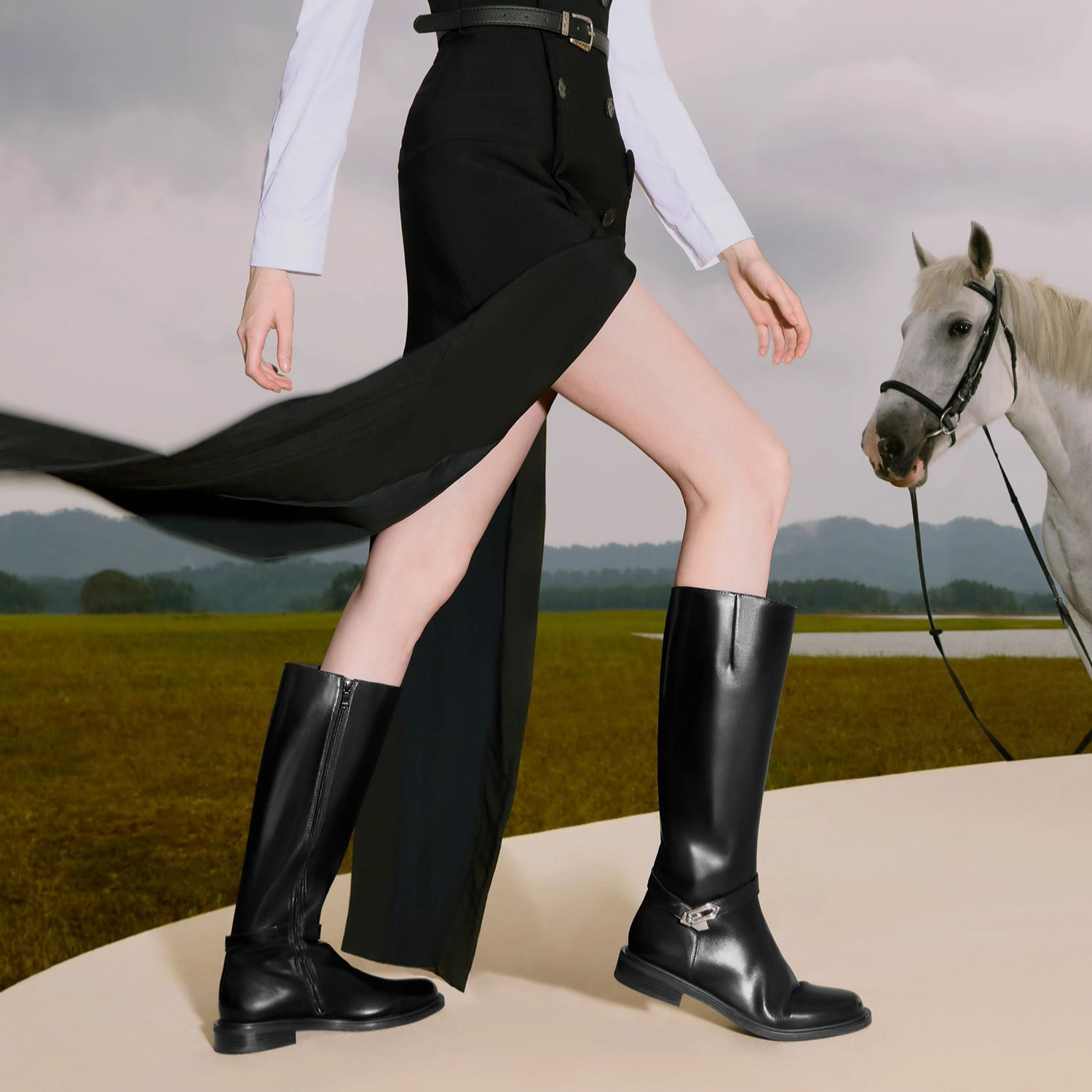 SS7L小疯叔冬季新款复古骑士靴女宽筒拉链长靴粗跟增高长筒靴女靴 - 图0